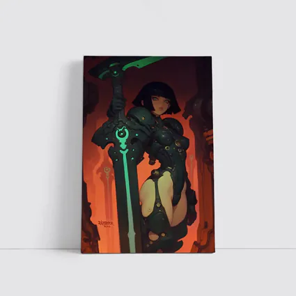Warrior Woman Dark Mech Armor Glowing Sword