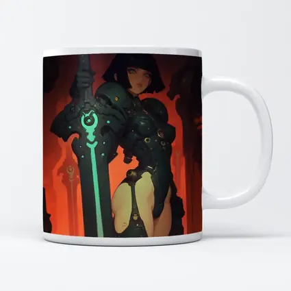 Warrior Woman Dark Mech Armor Glowing Sword