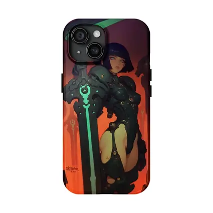 Warrior Woman Dark Mech Armor Glowing Sword