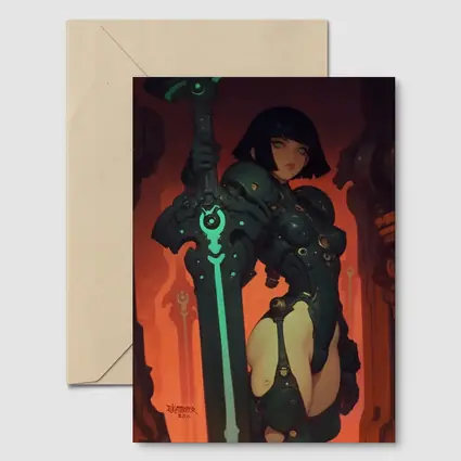 Warrior Woman Dark Mech Armor Glowing Sword
