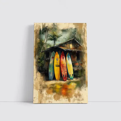Colorful Surfboards Leaning Against Tropical Shack