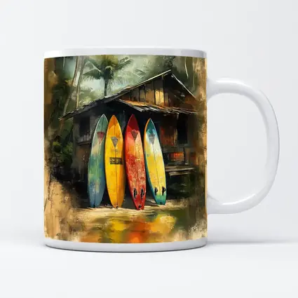 Colorful Surfboards Leaning Against Tropical Shack