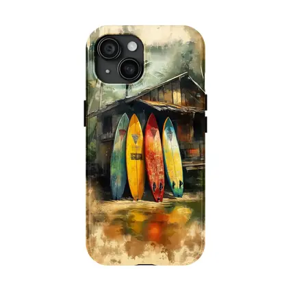 Colorful Surfboards Leaning Against Tropical Shack