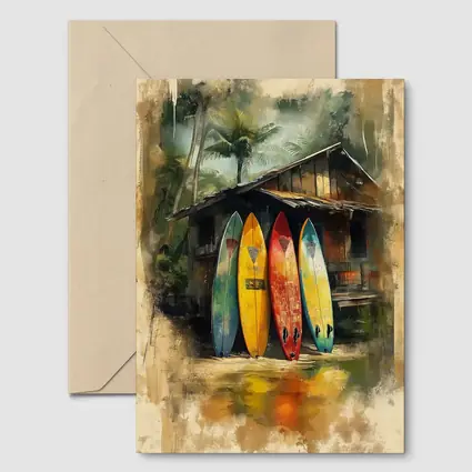 Colorful Surfboards Leaning Against Tropical Shack