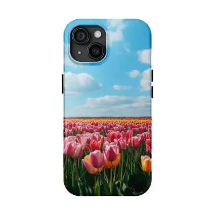 Pink Tulip Field Blue Sky Clouds