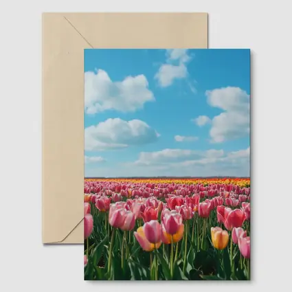 Pink Tulip Field Blue Sky Clouds