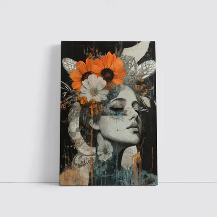 Woman Portrait Orange Flowers Dark Background
