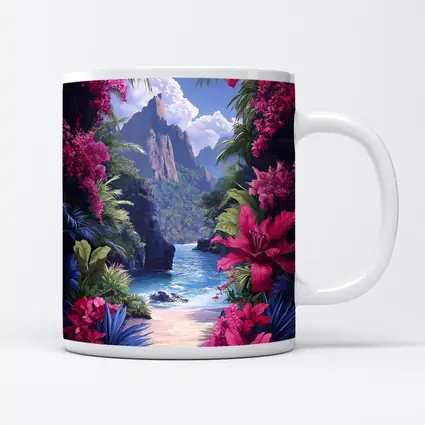 Tropical Beach Cove Pink Flowers Mountain