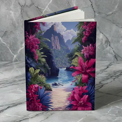 Tropical Beach Cove Pink Flowers Mountain