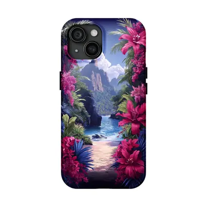 Tropical Beach Cove Pink Flowers Mountain