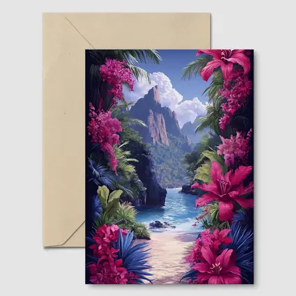 Tropical Beach Cove Pink Flowers Mountain