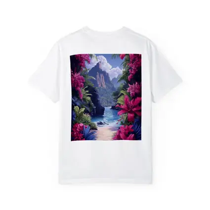 Tropical Beach Cove Pink Flowers Mountain