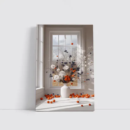 White Flowers Orange Berries Window Vase