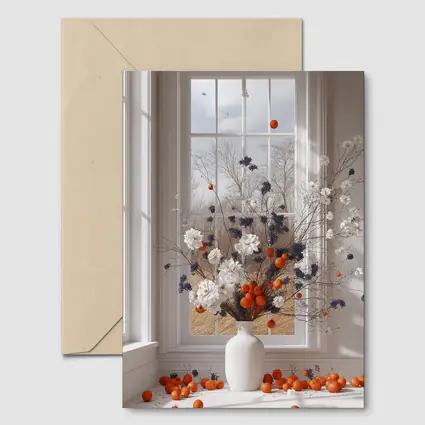White Flowers Orange Berries Window Vase