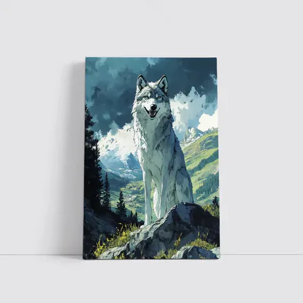 White Wolf Sitting on Mountain Rock Anime
