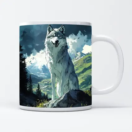 White Wolf Sitting on Mountain Rock Anime