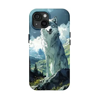 White Wolf Sitting on Mountain Rock Anime
