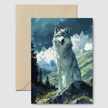 White Wolf Sitting on Mountain Rock Anime