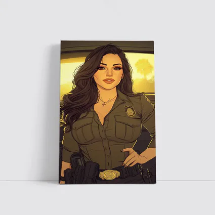 Comic Style Female Officer Sunset Background