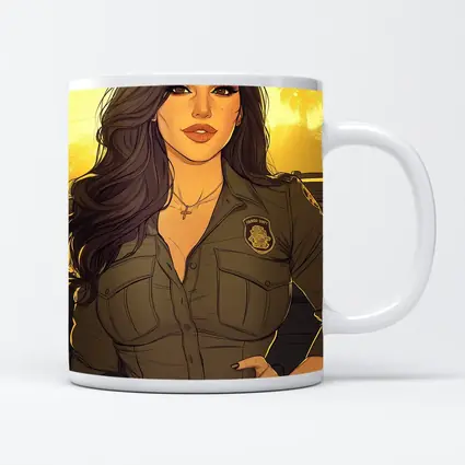 Comic Style Female Officer Sunset Background