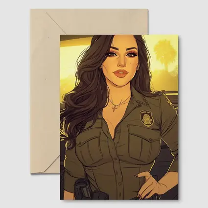 Comic Style Female Officer Sunset Background