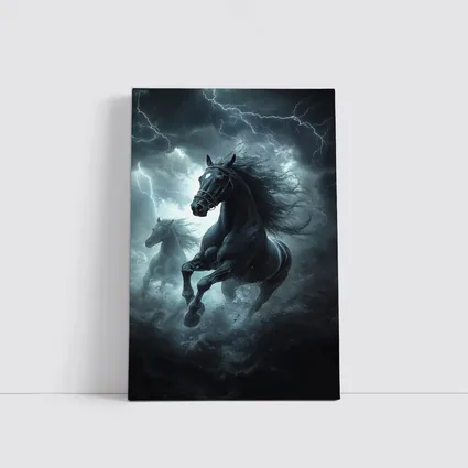 Black Horses Running Through Lightning Storm