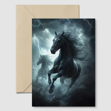 Black Horses Running Through Lightning Storm