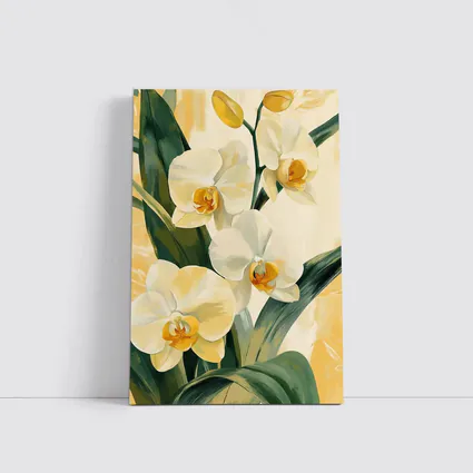 White Orchid Flowers Painting Warm Yellow Background