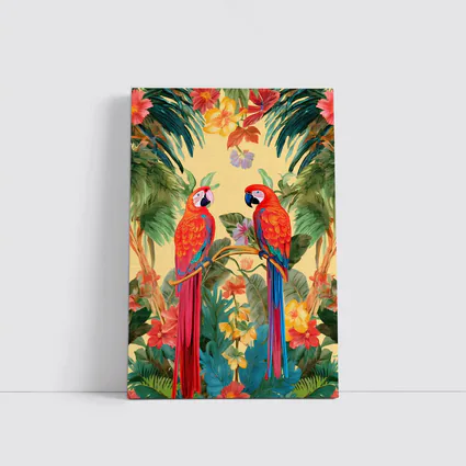 Scarlet Macaw Parrots Tropical Floral Botanical Art
