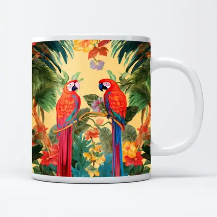 Scarlet Macaw Parrots Tropical Floral Botanical Art