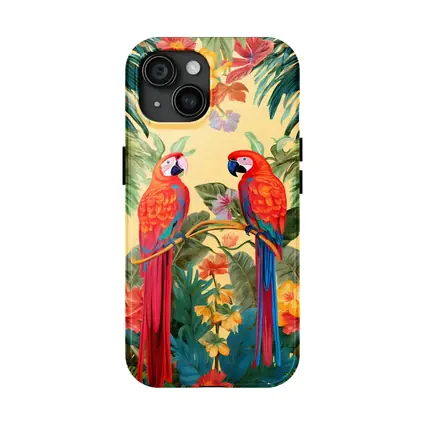 Scarlet Macaw Parrots Tropical Floral Botanical Art