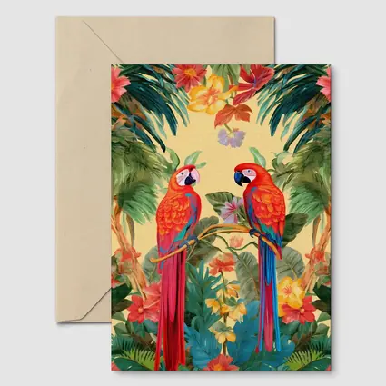 Scarlet Macaw Parrots Tropical Floral Botanical Art