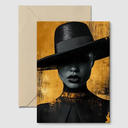 Black Woman Wide Hat Gold Background Art