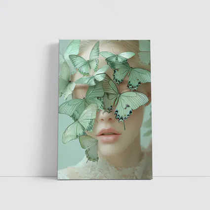 Woman Face Covered Green Butterflies Surreal Art