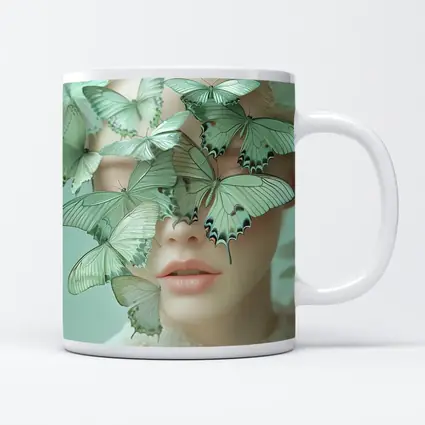 Woman Face Covered Green Butterflies Surreal Art