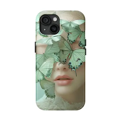 Woman Face Covered Green Butterflies Surreal Art