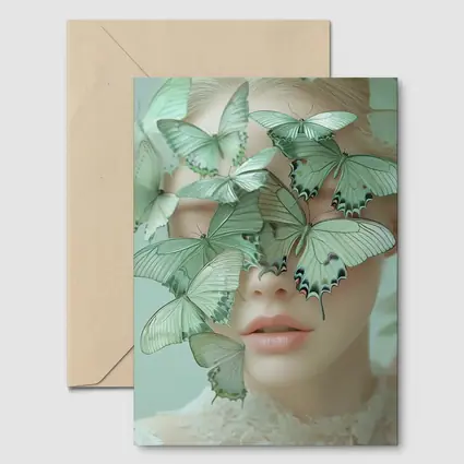 Woman Face Covered Green Butterflies Surreal Art