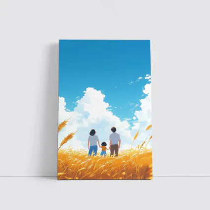 Anime Family Standing in Golden Wheat Field