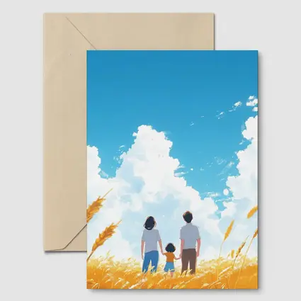 Anime Family Standing in Golden Wheat Field