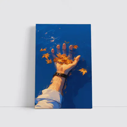 Hand Holding Autumn Leaves Over Blue Water
