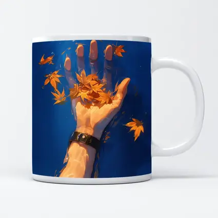 Hand Holding Autumn Leaves Over Blue Water