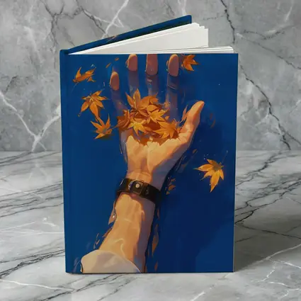 Hand Holding Autumn Leaves Over Blue Water