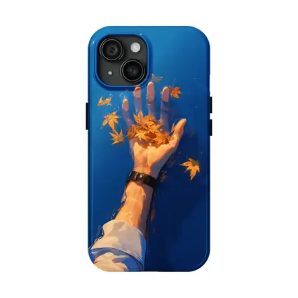 Hand Holding Autumn Leaves Over Blue Water