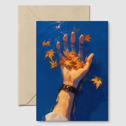 Hand Holding Autumn Leaves Over Blue Water
