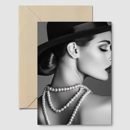 Elegant Woman Pearl Necklace Wide Brim Hat