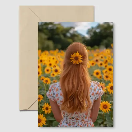 Red Hair Girl Sunflower Field Summer