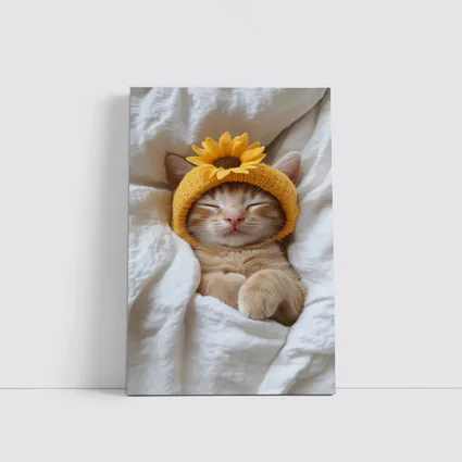 Sleeping Ginger Cat Sunflower Hat White Bedding