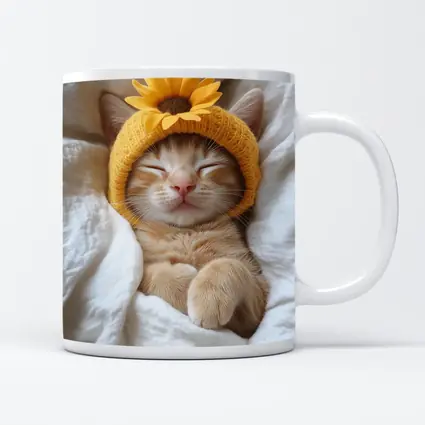 Sleeping Ginger Cat Sunflower Hat White Bedding