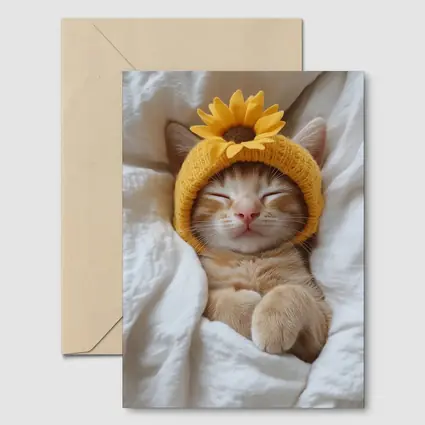 Sleeping Ginger Cat Sunflower Hat White Bedding