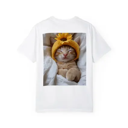 Sleeping Ginger Cat Sunflower Hat White Bedding